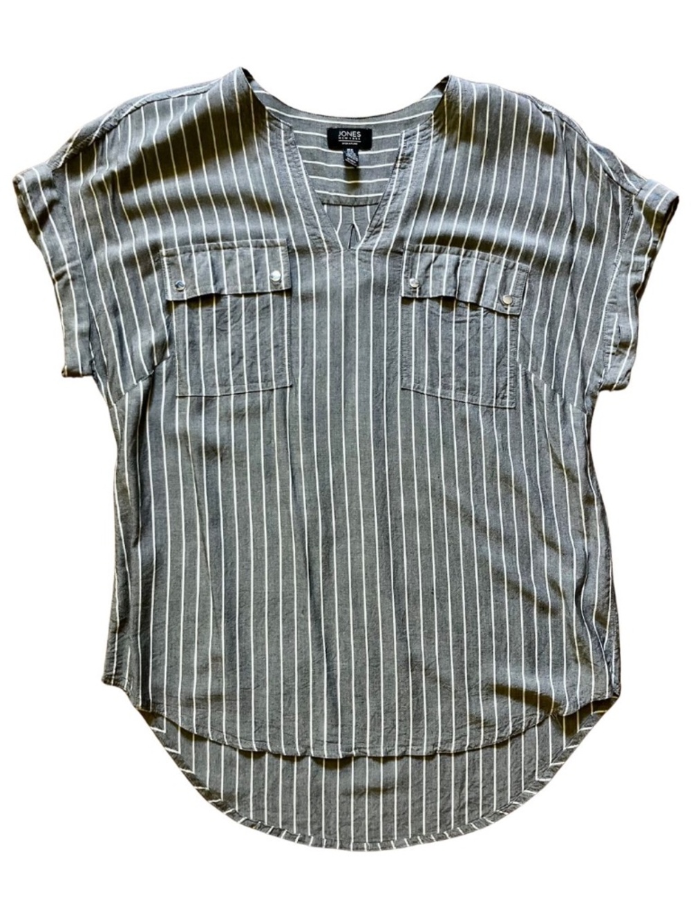 Women's Gray & White Striped Short Sleeve Blouse Classic Preppy Neutral 90s